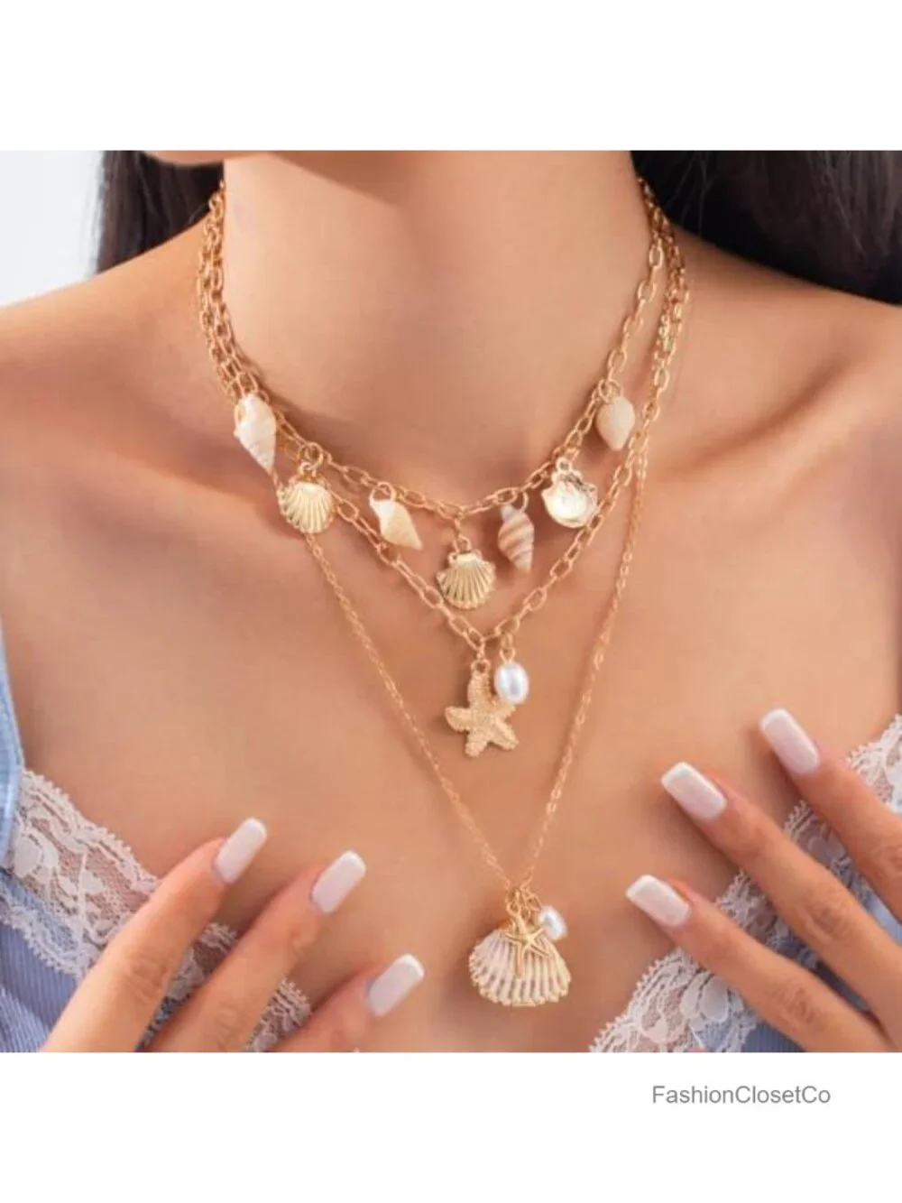 Layered Pearl Starfish Shell Necklace Gold Seastar Seashell Chain Choker Beach